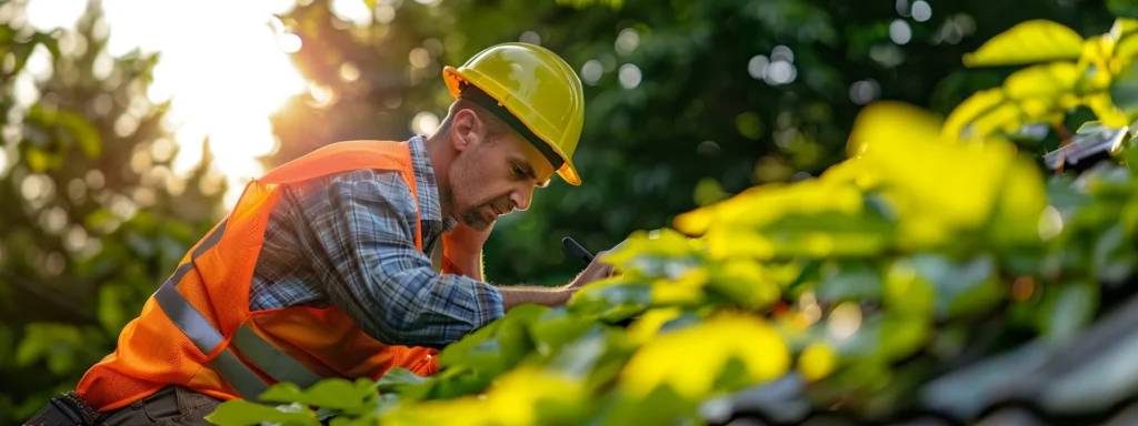 a skilled local roofer inspects a sturdy roof under the bright raleigh sun, surrounded by vibrant greenery, reflecting expertise and confidence in navigating building codes and regional roofing challenges.