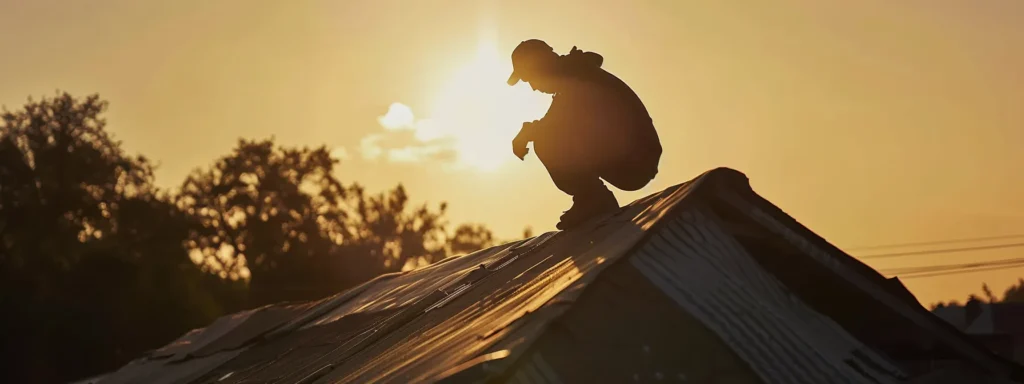 a skilled roofer meticulously inspects a weathered roof, highlighting its structural integrity and material condition under the soft glow of the afternoon sun.