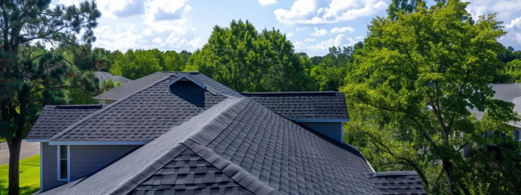 a skilled roofing contractor inspects a residential roof in raleigh under bright sunlight, showcasing vibrant asphalt shingles while surrounded by lush green trees and a clear blue sky, symbolizing reliability and expertise in storm damage restoration.