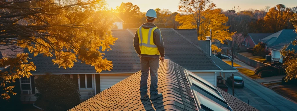 a skilled roofing inspector examines a sloped residential roof in raleigh, highlighting the importance of detailed assessments for ensuring long-term structural integrity and compliance with local safety standards under bright, natural sunlight.