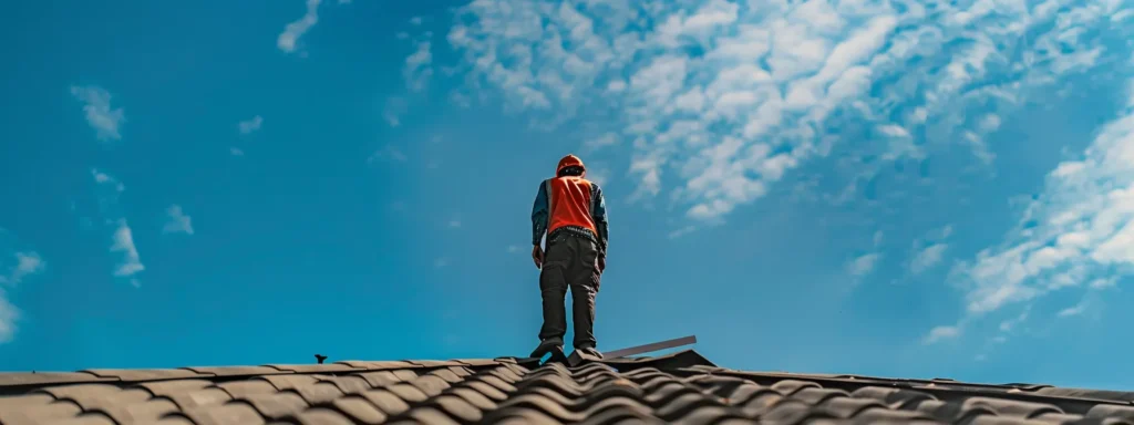 a skilled roofing professional inspects a weathered rooftop against a vibrant blue sky, expertly assessing the damage while emphasizing the importance of quality repairs and homeowner peace of mind.