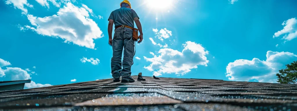 a skilled roofing professional inspects a weathered rooftop under a bright blue sky, highlighting the meticulous assessment process essential for effective roof repairs in raleigh.