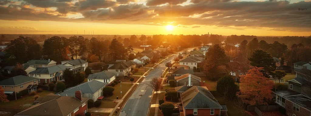 a striking aerial view of a well-maintained suburban neighborhood in raleigh, showcasing diverse rooftops under a dramatic sunset, emphasizing the importance of regular roof inspections for homeowners.