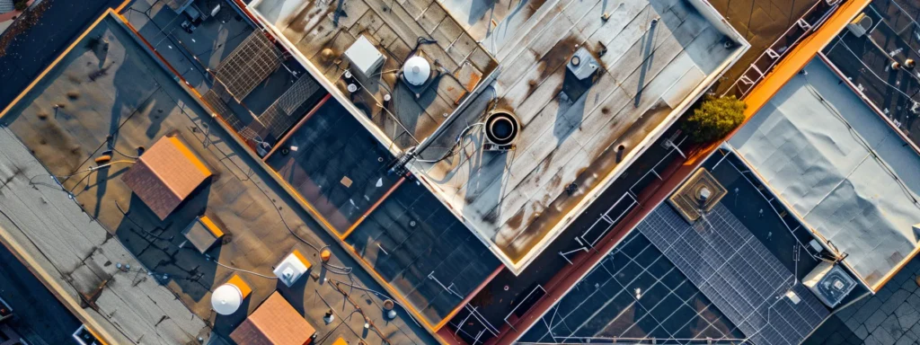 a striking aerial view of a well-maintained commercial roof showcasing various roofing materials glistening under the sun, emphasizing durability and longevity with vibrant colors and contrasts.