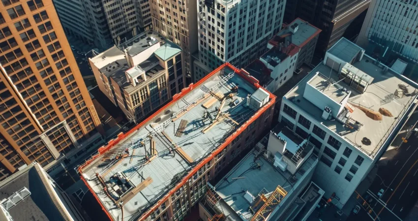 a striking aerial view of a professional team meticulously repairing a commercial roof under bright, midday sunlight, showcasing the dynamic textures of the roofing materials against a backdrop of the bustling city skyline.