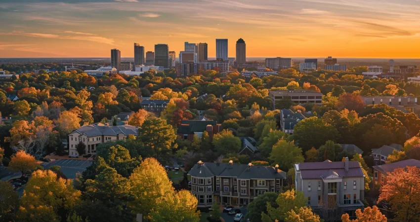 a striking aerial view showcases a vibrant contrast between a well-maintained affordable roof and an elegant high-end roofing option, set against the picturesque skyline of raleigh during golden hour.