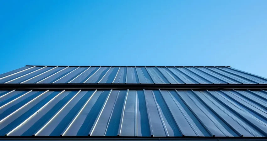 a striking contrast of a modern metal roof glistening under the sun, juxtaposed against a traditional shingle roof, highlighting the durability and sleek aesthetics of contemporary roofing options amidst a clear blue sky.