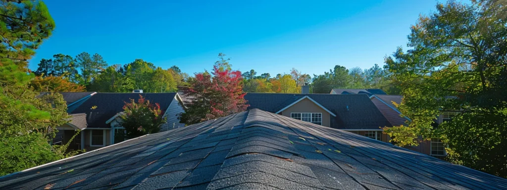 a striking image of a suburban raleigh neighborhood with an expert contractor inspecting a roof, under a bright, clear blue sky, symbolizing the journey of homeowners navigating roofing regulations and code compliance.