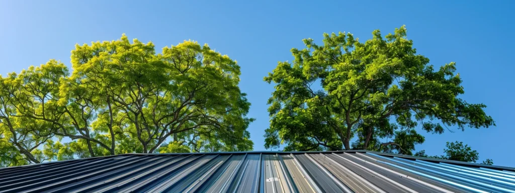 a striking, side-by-side comparison of a vibrant metal roof glistening under sunlight and a classic shingle roof shaded by a large tree, highlighting their distinct textures and colors against a clear blue sky, showcasing the evolution of roofing options for homeowners.