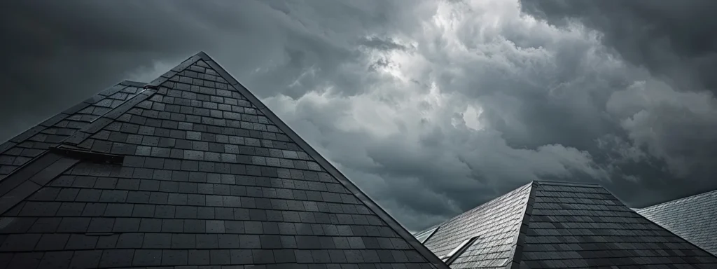 a stunning aerial view of two contrasting rooftops, one gleaming metal and the other traditional shingles, under dramatic stormy skies, showcasing the resilience and choice of roofing materials.