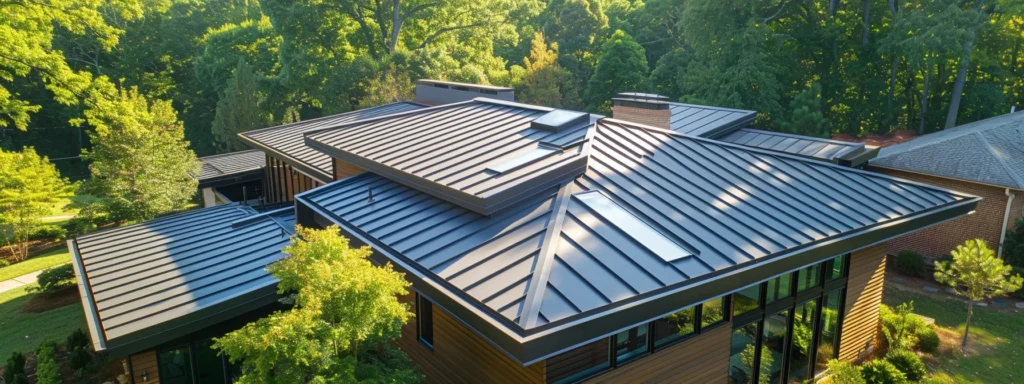 a stunning aerial view of a newly installed metal roof glistening under the midday sun, surrounded by lush green trees and showcasing the sleek, modern lines that symbolize durability and energy efficiency in a vibrant raleigh neighborhood.