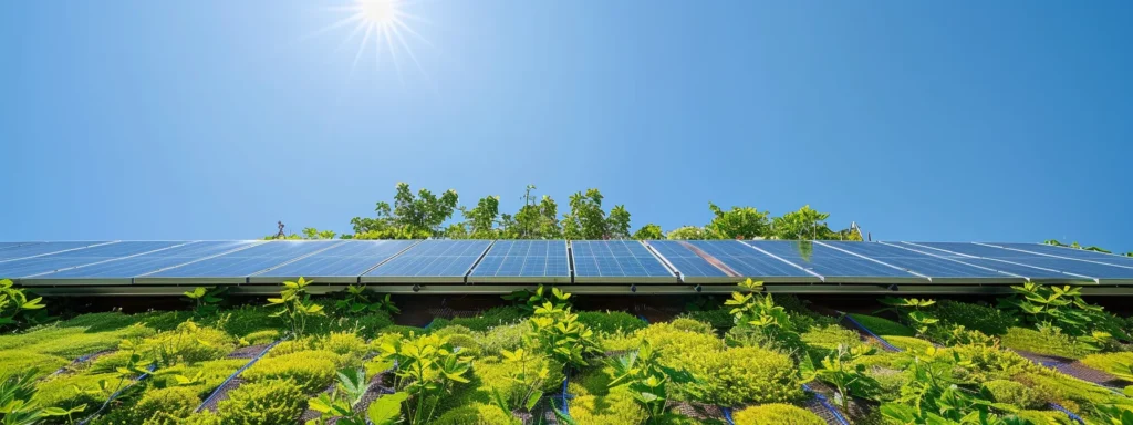 a stunning eco-friendly roof glistens under bright sunlight, showcasing vibrant green vegetation and innovative solar panels, set against a clear blue sky that embodies sustainability and energy efficiency.