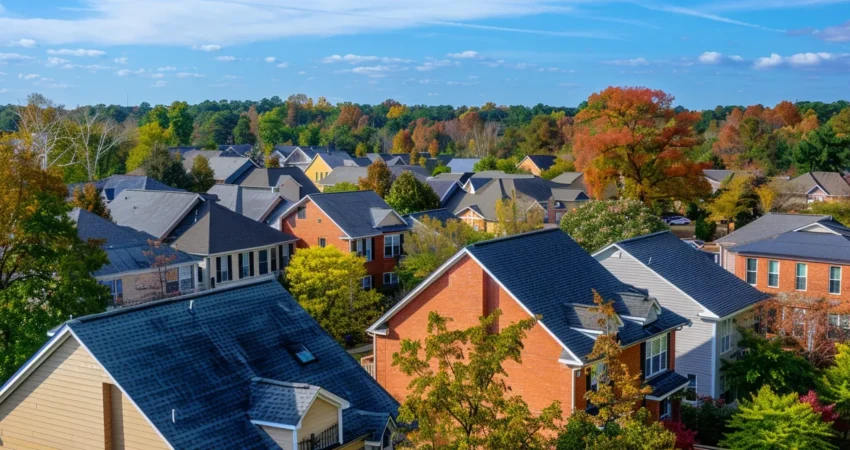 a sunlit raleigh neighborhood showcases the vibrant colors of freshly repaired rooftops, highlighting the significance of local roof repair with a backdrop of blue skies and blooming trees.