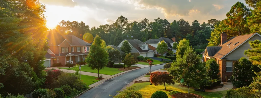 a sunlit raleigh neighborhood showcases a newly renovated home with a pristine roof, surrounded by well-maintained gardens, symbolizing compliance and successful roofing projects.