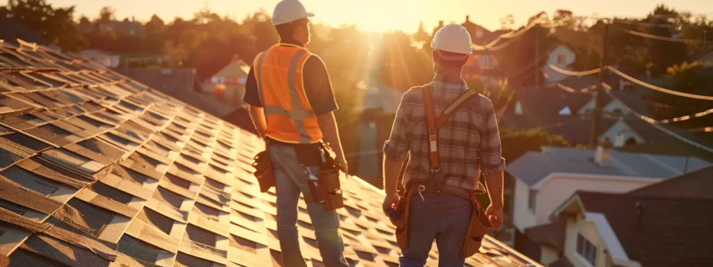 a sunlit roofing site showcases a professional contractor discussing project timelines and expectations with a homeowner, conveying clarity and collaborative spirit amidst a backdrop of stacked shingles and scaffolding.