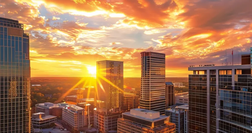 a towering, modern raleigh skyline enveloped in warm sunset light, juxtaposed with a close-up view of a skilled roofing contractor meticulously inspecting a newly installed roof, emphasizing the theme of local expertise and craftsmanship in construction.