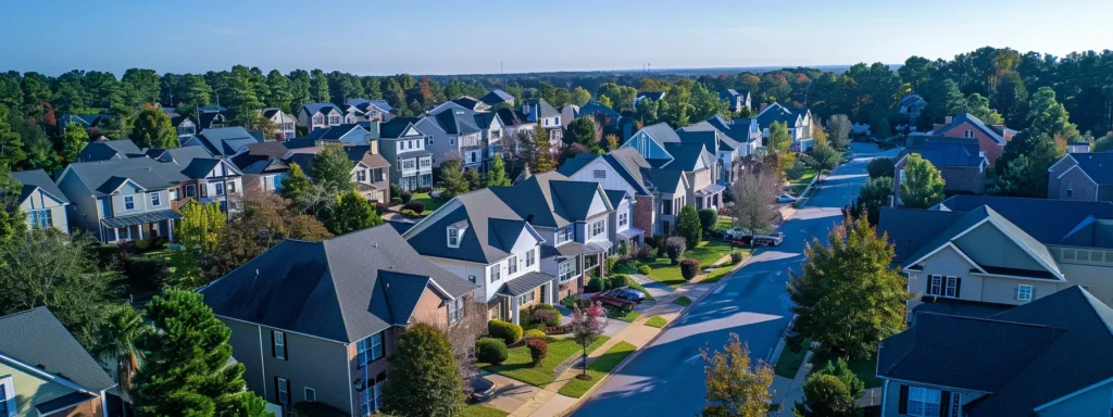 a vibrant aerial view of a bustling raleigh neighborhood showcases diverse homes with freshly replaced roofs, symbolizing compliance with local building codes amidst a clear blue sky.