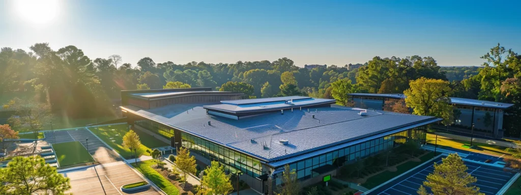 a vibrant aerial view of a sustainable roofing project in raleigh, showcasing an array of eco-friendly materials under a clear blue sky, emphasizing the integration of nature and modern construction practices.