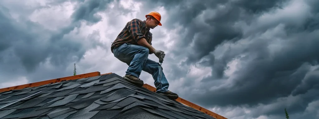 a vibrant image of a skilled roofing contractor rapidly assessing storm-damaged shingles under a dramatic, overcast sky, highlighting the urgency and efficiency of local repair services.