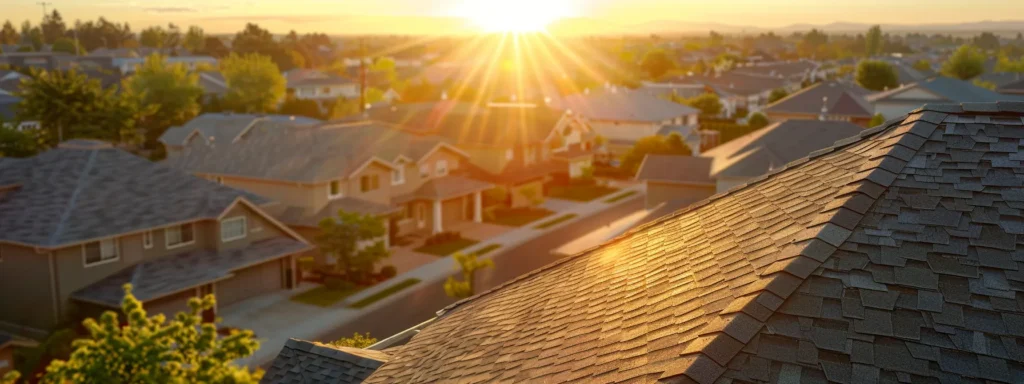 a vibrant residential rooftop showcasing sleek asphalt shingles glistening under the sun, highlighting their durability and energy efficiency amidst a picturesque suburban backdrop.