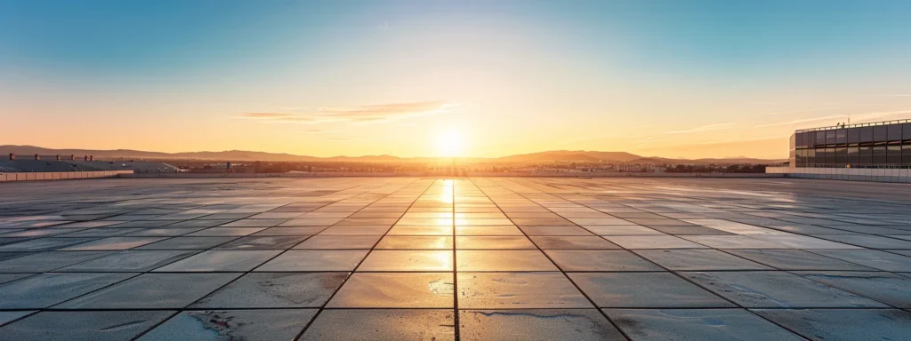 a vibrant rooftop landscape glistens under the golden sun, showcasing a variety of roofing materials, each reflecting durability and maintenance with a backdrop of a clear blue sky.