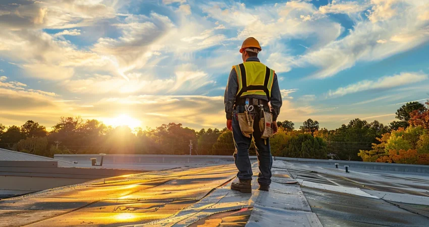 a vibrant rooftop landscape in raleigh showcases a skilled professional inspecting a freshly repaired roof under the warm glow of the afternoon sun, highlighting the importance of quality roof repair services.