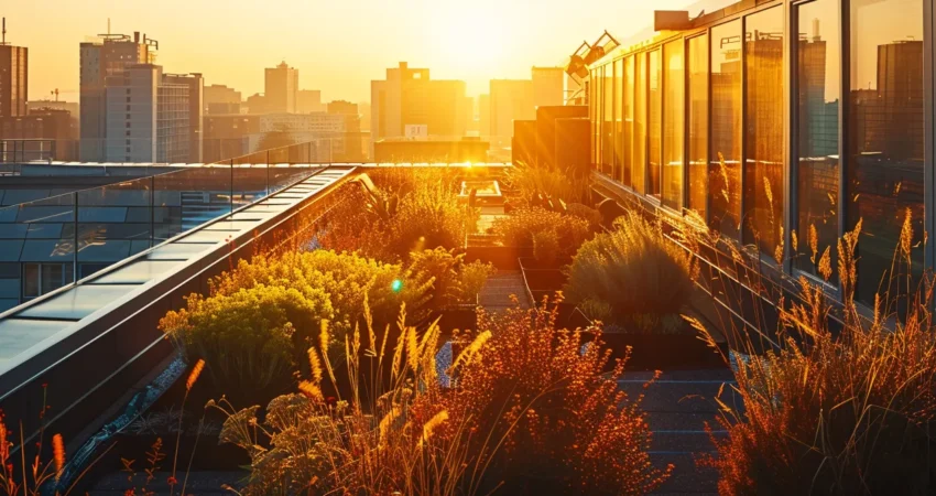 a vibrant rooftop landscape showcases various roofing materials in a harmonious arrangement, illuminated by warm, golden sunlight, emphasizing the importance of choosing the right roofing solution with the expert guidance of raleigh contractors.