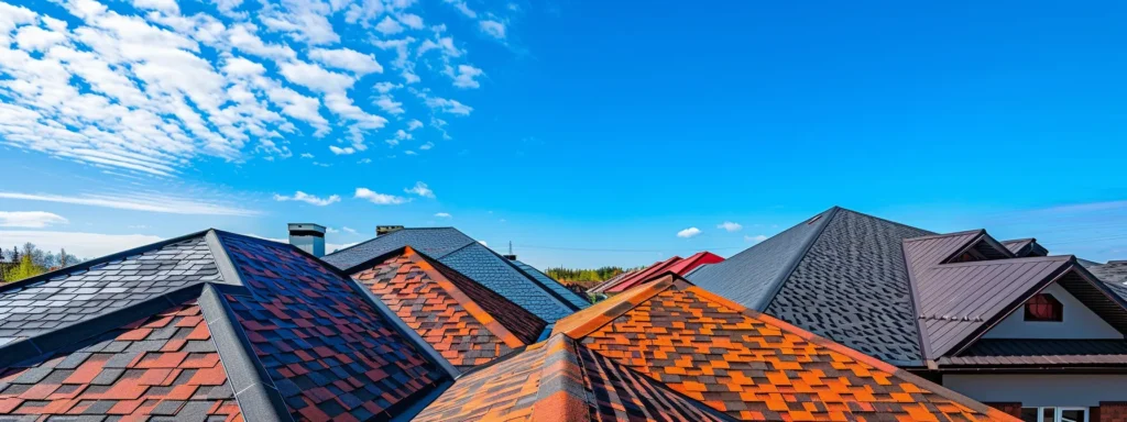 a vibrant rooftop landscape showcasing various roofing materials like asphalt shingles, metal, and tiles under a clear blue sky, emphasizing durability and expertise in home improvement choices.