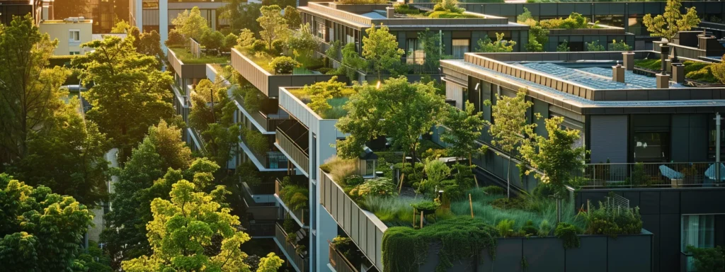 a vibrant rooftop scene captures a roofing contractor meticulously managing stormwater runoff amidst lush greenery and solar panels, symbolizing a commitment to sustainability and environmental responsibility in urban development.