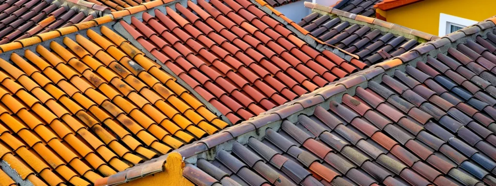 a vibrant rooftop scene showcasing various roofing materials—wood, steel, and terracotta—bathed in golden sunlight, highlighting their distinct textures and colors against a clear blue sky, symbolizing energy efficiency and sustainability.