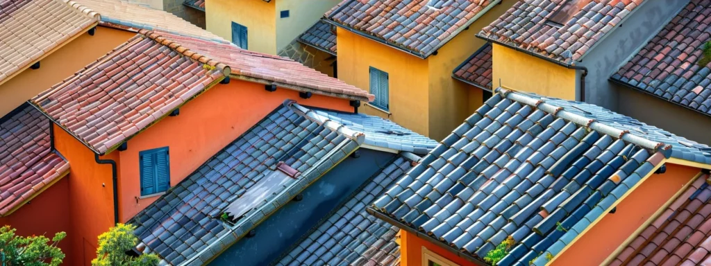 a vibrant rooftop scene showcasing a blend of traditional asphalt shingles, elegant slate, and colorful tile roofs glistening under the warm afternoon sun, highlighting their aesthetic appeal and diverse architectural styles.