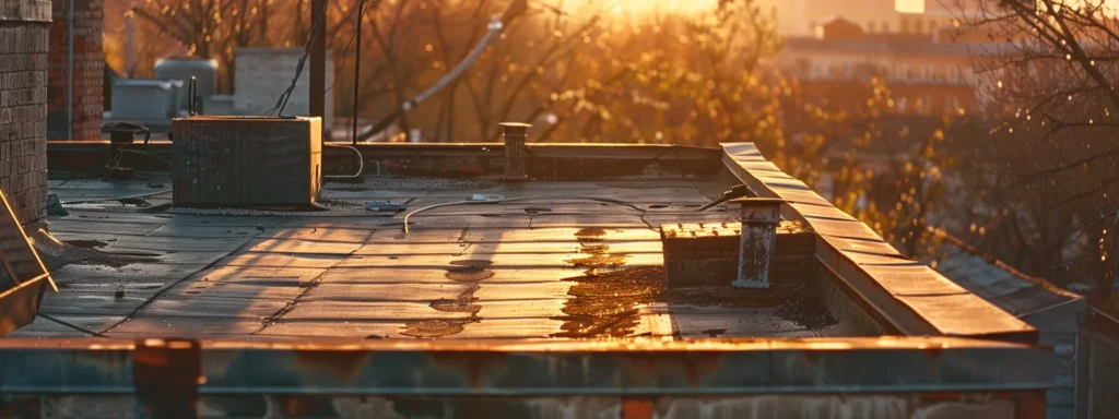 a vibrant rooftop with visible signs of wear and damage, bathed in warm afternoon light, symbolizing the journey of homeowners in raleigh assessing their roofing needs.