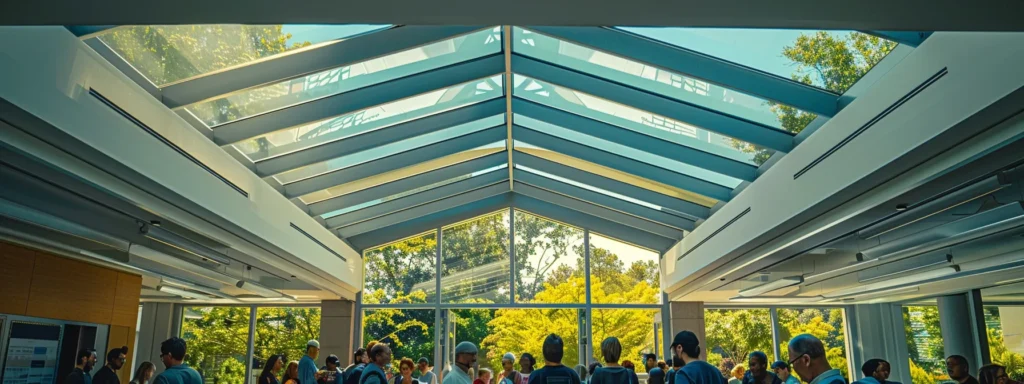 a vibrant scene depicting a professional roofing workshop in raleigh, with attendees engaging in discussions under a bright skylight, surrounded by informative materials on roofing regulations and safety standards.