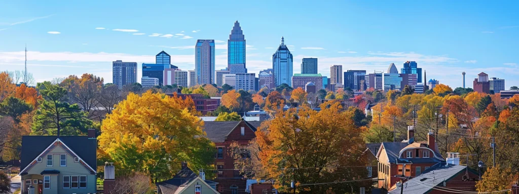 a vibrant skyline of raleigh juxtaposed with other major north carolina cities, showcasing varied architectural styles of rooftops under a clear blue sky, emphasizing the differences in roofing regulations and materials.