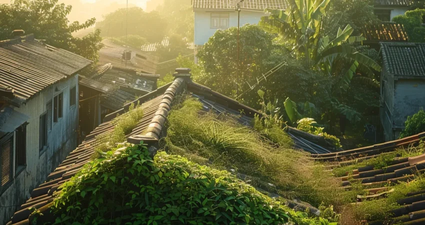 a vibrant split-scene showcasing a traditional roofing style on one side, featuring aged wooden shingles under bright sunlight, contrasted with a modern eco-friendly green roof adorned with lush vegetation under soft, diffused daylight.