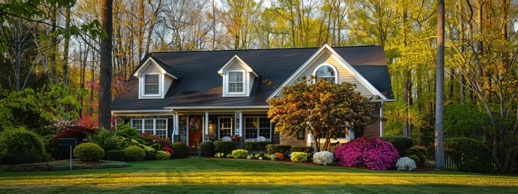 a vibrant spring landscape showcases a well-maintained home with a gleaming new roof, emphasizing the theme of budget-friendly seasonal offers for homeowners in raleigh.