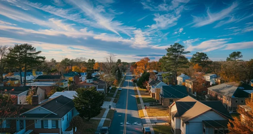 a vibrant, sunlit neighborhood in raleigh, showcasing a newly repaired roof with a striking blue sky overhead, symbolizing budget-friendly home improvements and community resilience.