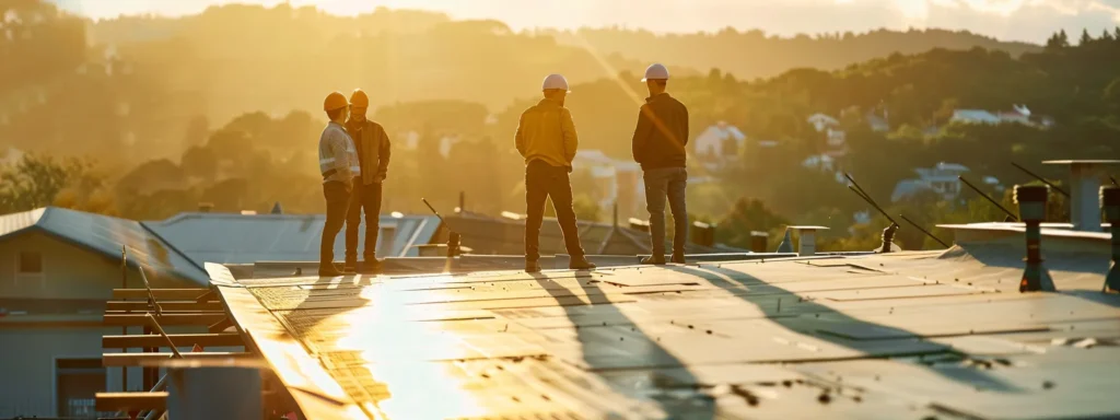 a vibrant, sunlit scene depicting a group of skilled roofing contractors expertly discussing materials atop a newly installed, gleaming roof, showcasing the harmonious blend of professional collaboration and home improvement.