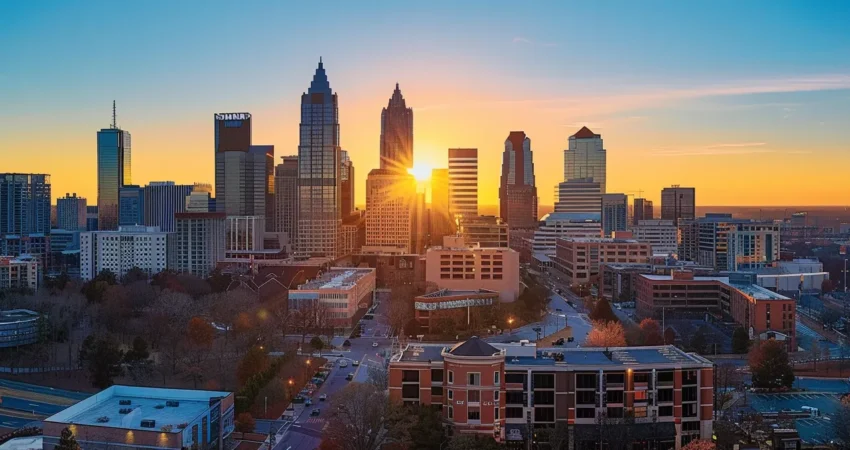 a vibrant sunrise casts a warm glow over a bustling raleigh skyline, where diverse roofing professionals collaborate on a rooftop, demonstrating local compliance standards against a backdrop of clear blue skies.