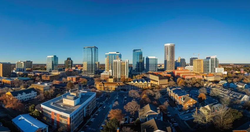 a visually striking aerial view of raleigh showcasing diverse roofing styles amidst its skyline, highlighting the contrast between residential and commercial architecture under a clear blue sky.