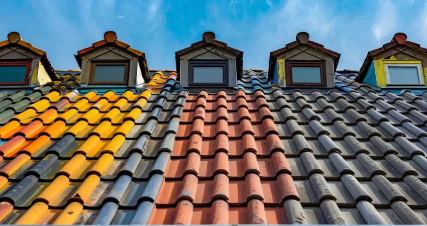 a visually striking display of various roofing materials, featuring vibrant shingles, sleek metal panels, and rustic tiles, arranged harmoniously on an elegant backdrop of a bright blue sky.