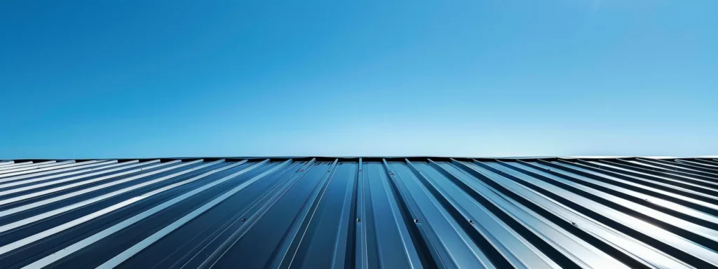 a visually striking rooftop scene showcasing a meticulous metal roofing installation under a clear blue sky, symbolizing compliance with local building codes and the importance of safety in construction.