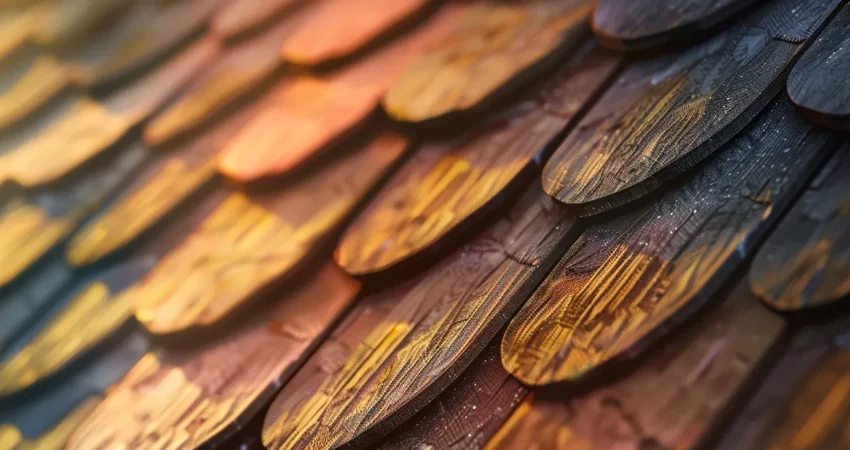 a vivid comparison of sleek asphalt shingles against a backdrop of diverse roofing materials, illuminated by soft afternoon light, revealing their textures and colors with striking clarity.