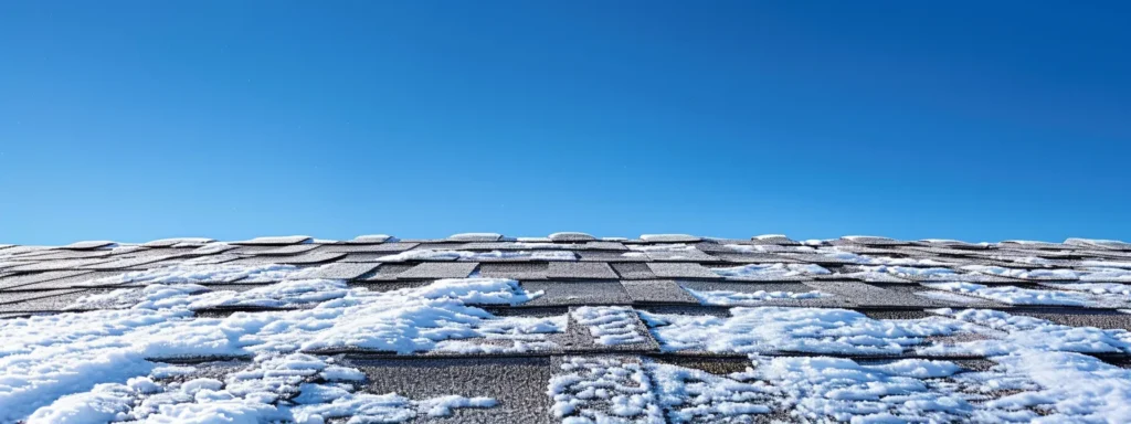 a weathered asphalt shingle roof glistens under a stark blue sky, showcasing the effects of snow accumulation and extreme temperatures, emphasizing the importance of durability and maintenance in roofing longevity.