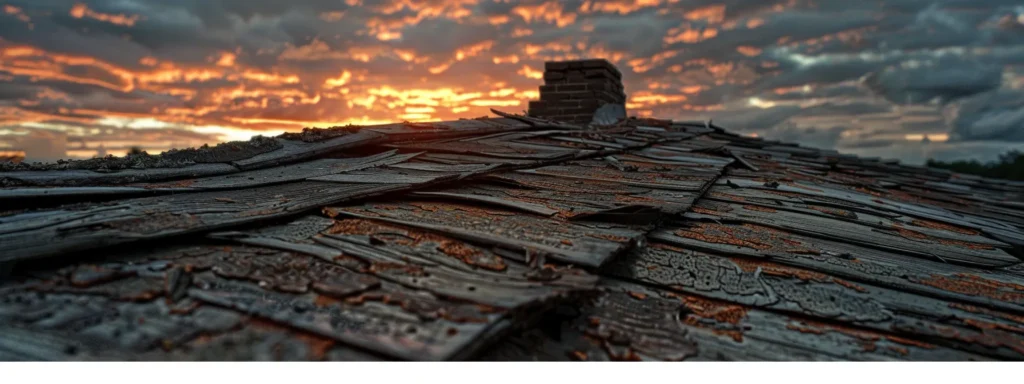 a weathered rooftop in raleigh, showcasing distinct areas of missing shingles and visible water damage under a dramatic sunset, symbolizes the urgent need for reliable roof repair.