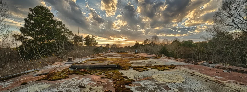 a weathered rooftop in raleigh, showcasing the effects of seasonal elements with patches of moss, scattered debris from overhanging trees, and signs of wear from winter snow and summer sun, under a dramatic sky filled with swirling clouds.