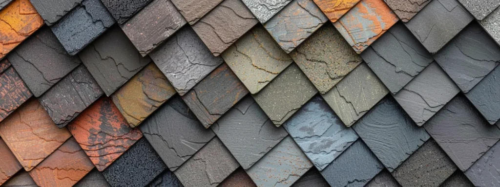 an elegant array of asphalt shingles in various colors and styles displayed against a neutral backdrop, highlighting the sophisticated choices available for enhancing a home's aesthetic appearance.