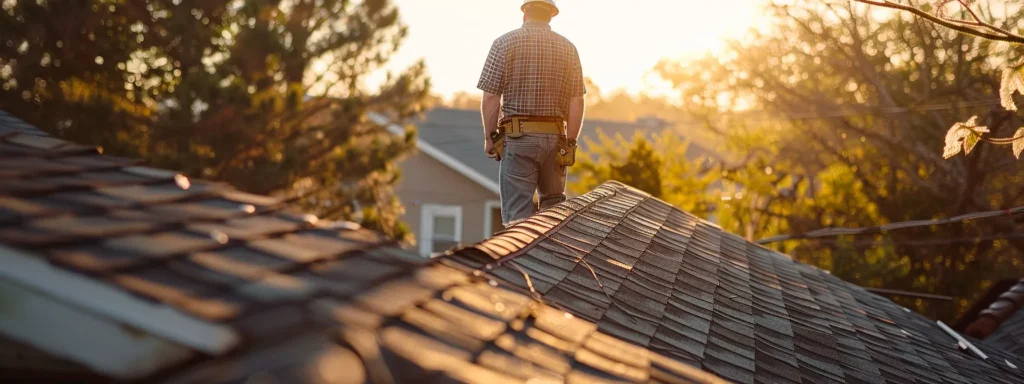 an inviting scene of a local raleigh roofing professional inspecting a robust, well-maintained roof under warm afternoon sunlight, illustrating the pride in craftsmanship and commitment to the community.